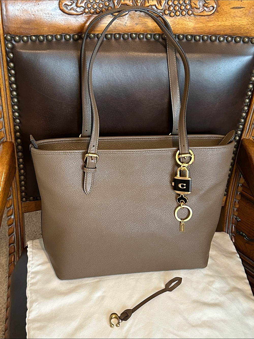 Coach Pebbled Leather Tote in Taupe Brown with Gold Hardware